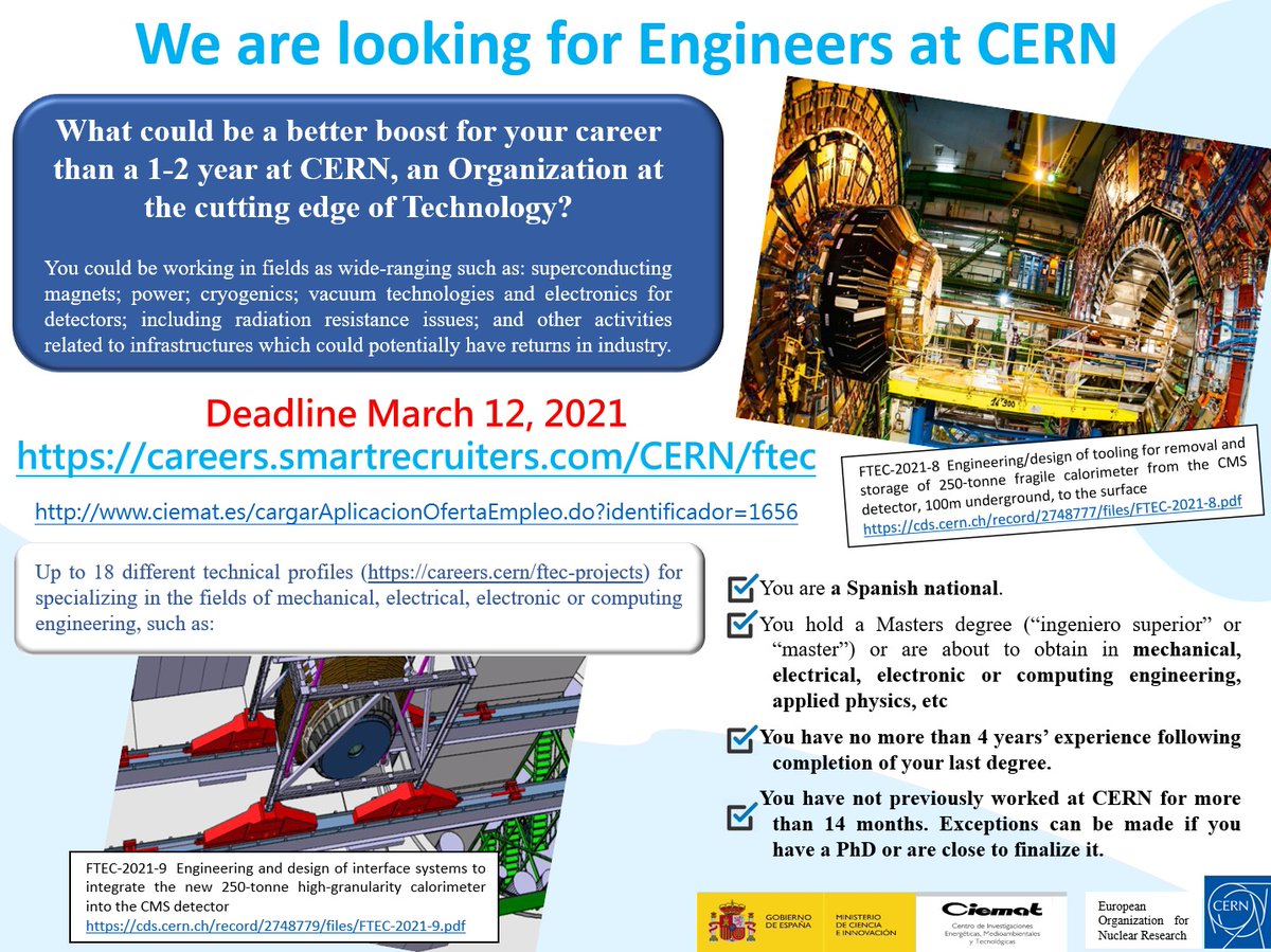 cfp_Ciemat's tweet photo. ¿Qué mejor formación para un ingeniero que trabajar en el CERN? Colabora con nosotros y con el @CmsMuon @CMSExperiment
 gracias a estas ofertas de trabajo. ¡Te esperamos!

https://t.co/L5blm26ydi https://t.co/su4quPIn2v