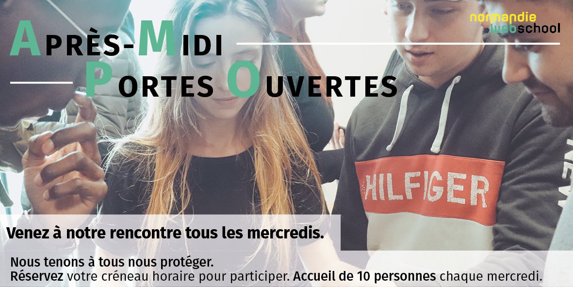 APRÈS-MIDI PORTES OUVERTES LE 27 JANVIER 2021 À 15H
Chers parents et futur(es) étudiant(es), la #NormandieWebSchool vous invite à venir découvrir l'école tous les mercredis de 15h à 17h par petits groupes de 10 personnes.
À très vite!
