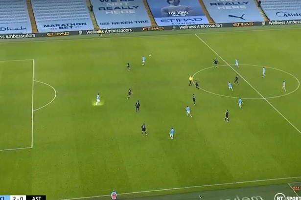 Manchester City 2 Aston Villa 0Clearly offside player gains advantage by tackling centre half is given “onside” using vague law as an excuse.