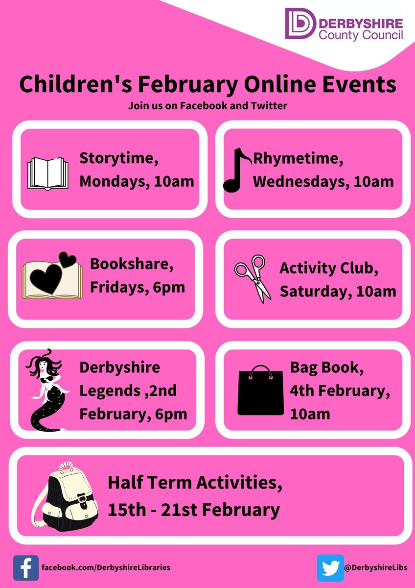 Join the <a href="/DerbyshireLibs/">Derbyshire Libraries</a> on Facebook &amp; Twitter for their wonderful online events .. here is the Children’s schedule for the next few weeks and half term... 📚 🎼 🖼 🎨 

#derbyshiribraries #childrensactivities
