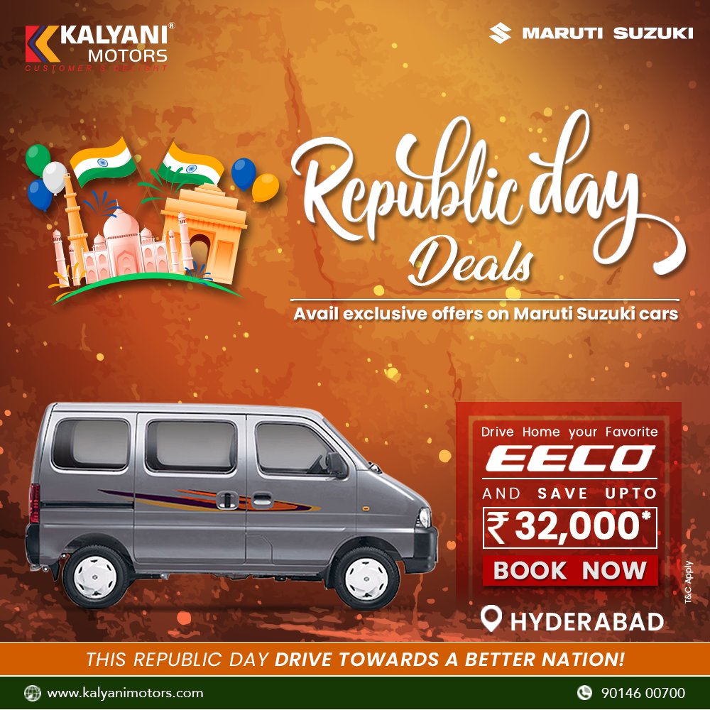 KalyaniMotors's tweet image. This 72nd Republic Day drive towards a better nation with Maruti Suzuki Arena car and avail amazing offers. Hurry!! Book you favourite car now from Kalyani Motors Hyderabad.
For more details contact Hyderabad-9014600700.
or visit kalyanimotors.com/#RepublicDaySa…  #saveupto #kalyanimotors