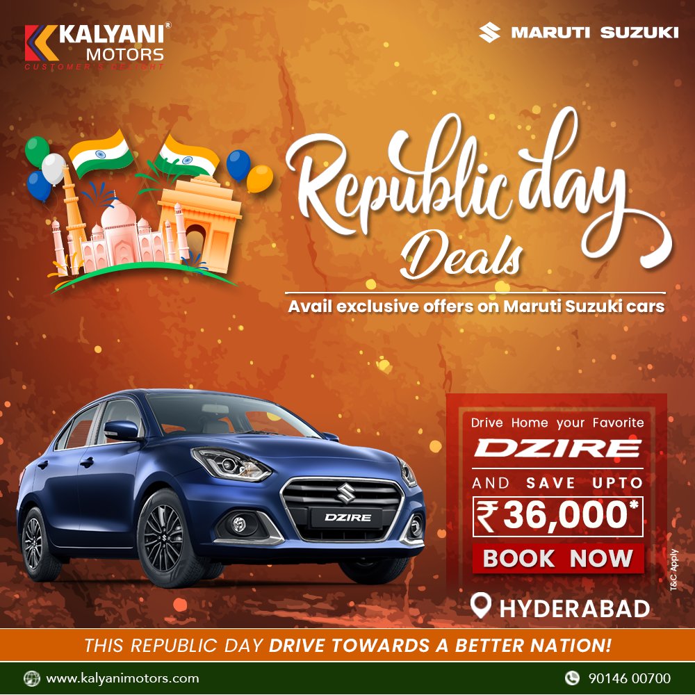 KalyaniMotors's tweet image. This 72nd Republic Day drive towards a better nation with Maruti Suzuki Arena car and avail amazing offers. Hurry!! Book you favourite car now from Kalyani Motors Hyderabad.
For more details contact Hyderabad-9014600700.
or visit kalyanimotors.com/#RepublicDaySa…  #saveupto #kalyanimotors