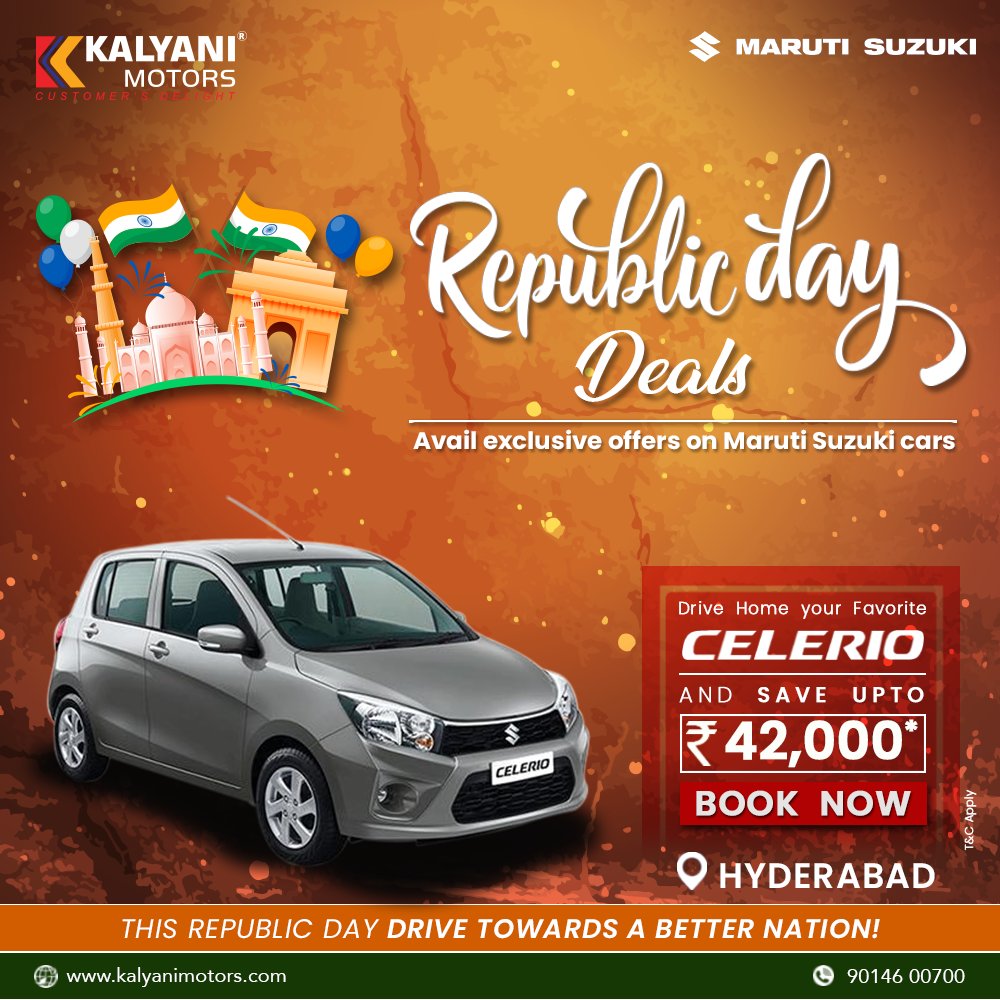 KalyaniMotors's tweet image. This 72nd Republic Day drive towards a better nation with Maruti Suzuki Arena car and avail amazing offers. Hurry!! Book you favourite car now from Kalyani Motors Hyderabad.
For more details contact Hyderabad-9014600700.
or visit kalyanimotors.com/#RepublicDaySa…  #saveupto #kalyanimotors