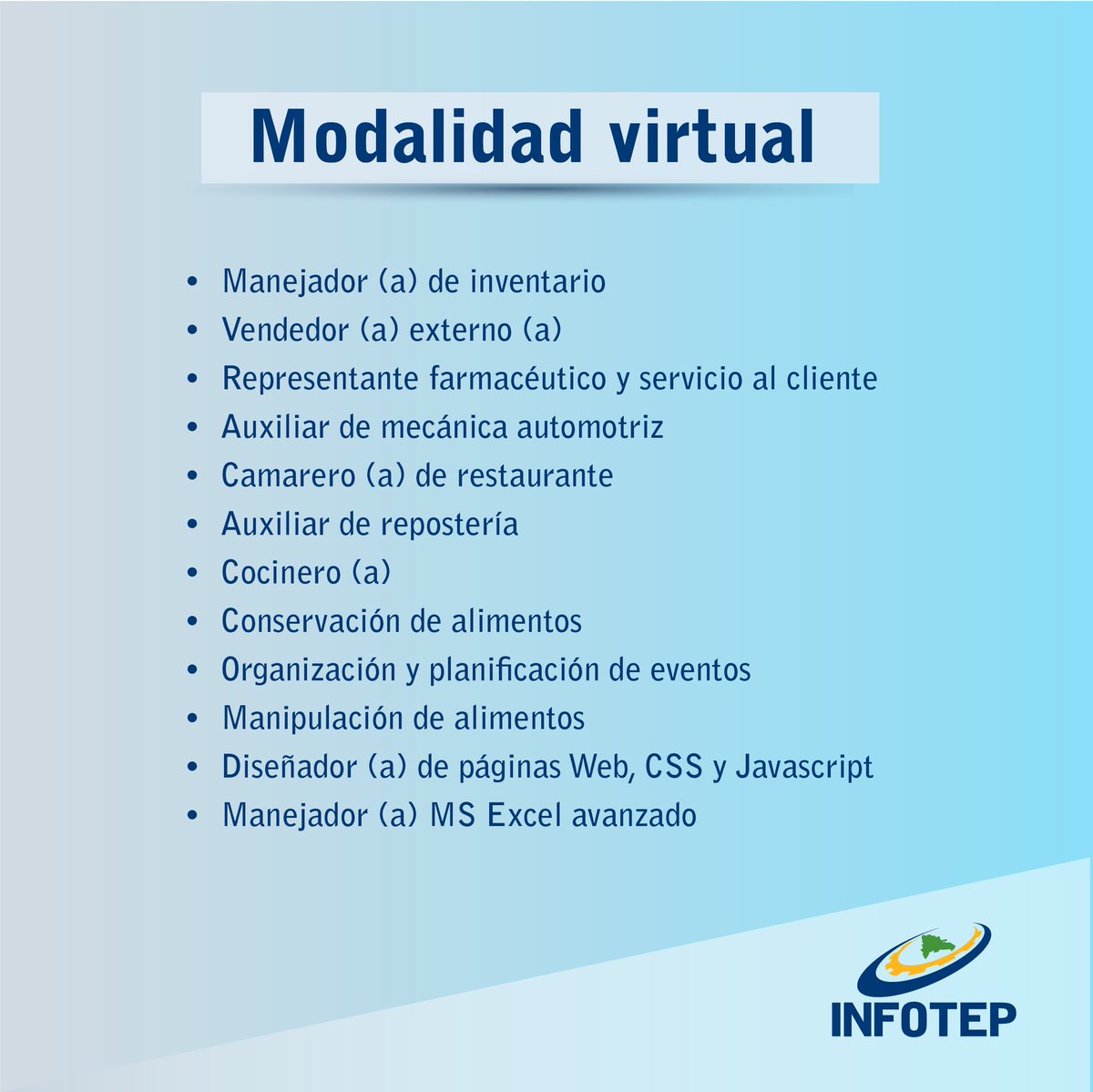 InfotepRD's tweet photo. ¡¡ATENCIÓN REGIÓN SUR!! 🔔 Cupo disponible y que será publicado en el transcurso del día de hoy para la Gerencia Regional Sur, a través de nuestra plataforma https://t.co/5EemnCxFbK 

#CapacitarEsProgresar 
#CursosINFOTEP
#InfotepVirtual
#INFOTEP https://t.co/gcqD8baAeK