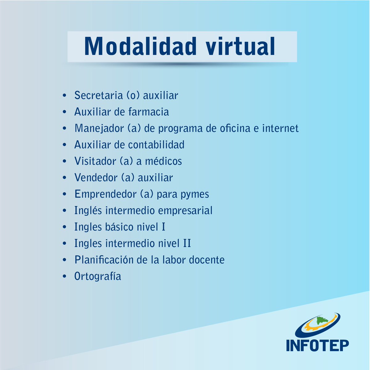 InfotepRD's tweet photo. ¡¡ATENCIÓN REGIÓN SUR!! 🔔 Cupo disponible y que será publicado en el transcurso del día de hoy para la Gerencia Regional Sur, a través de nuestra plataforma https://t.co/5EemnCxFbK 

#CapacitarEsProgresar 
#CursosINFOTEP
#InfotepVirtual
#INFOTEP https://t.co/gcqD8baAeK