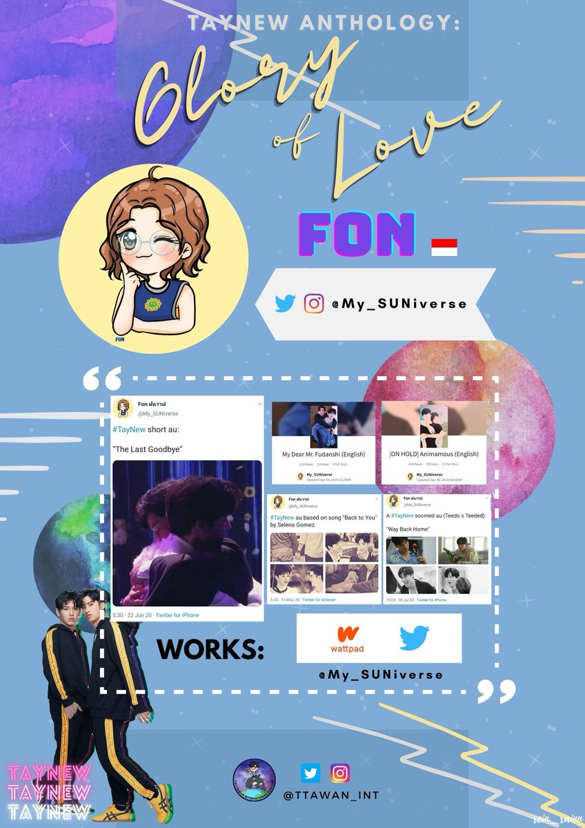 TTawan_Int's tweet photo. Day 6 of author reveal for TayNew Fan Fiction Anthology: "Glory of Love" e-book project:

Please welcome our talented authors, @My_SUNiverse from Indonesia &amp; @tawanenonliwan from Philippines! 🇮🇩🇵🇭

Layout by @Rein_rainn @HisHin_TN

#Tawan_V #PolcaTheJourney #GloryOfLoveAnthology https://t.co/pOVGOZKItM