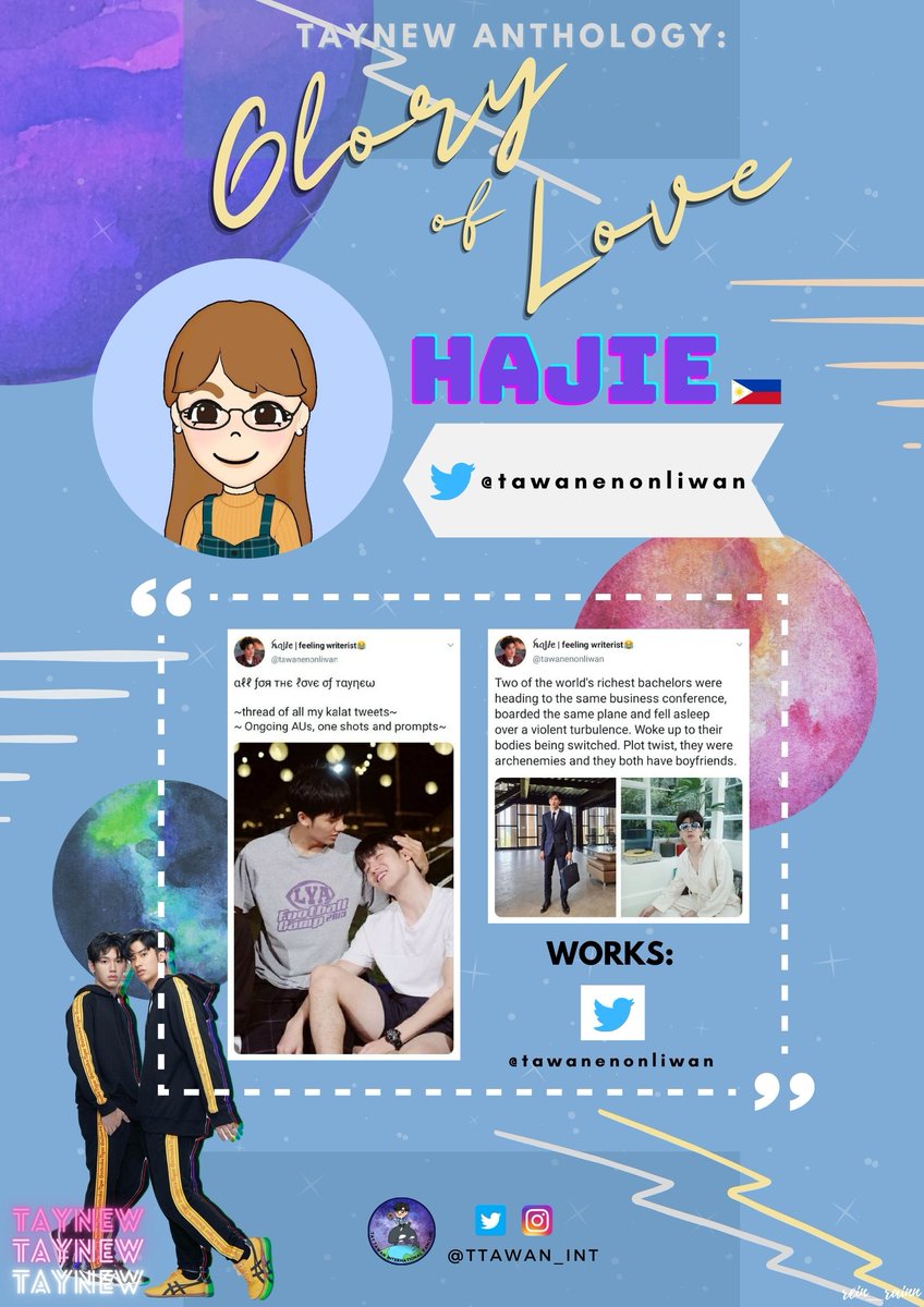 TTawan_Int's tweet photo. Day 6 of author reveal for TayNew Fan Fiction Anthology: "Glory of Love" e-book project:

Please welcome our talented authors, @My_SUNiverse from Indonesia &amp; @tawanenonliwan from Philippines! 🇮🇩🇵🇭

Layout by @Rein_rainn @HisHin_TN

#Tawan_V #PolcaTheJourney #GloryOfLoveAnthology https://t.co/pOVGOZKItM