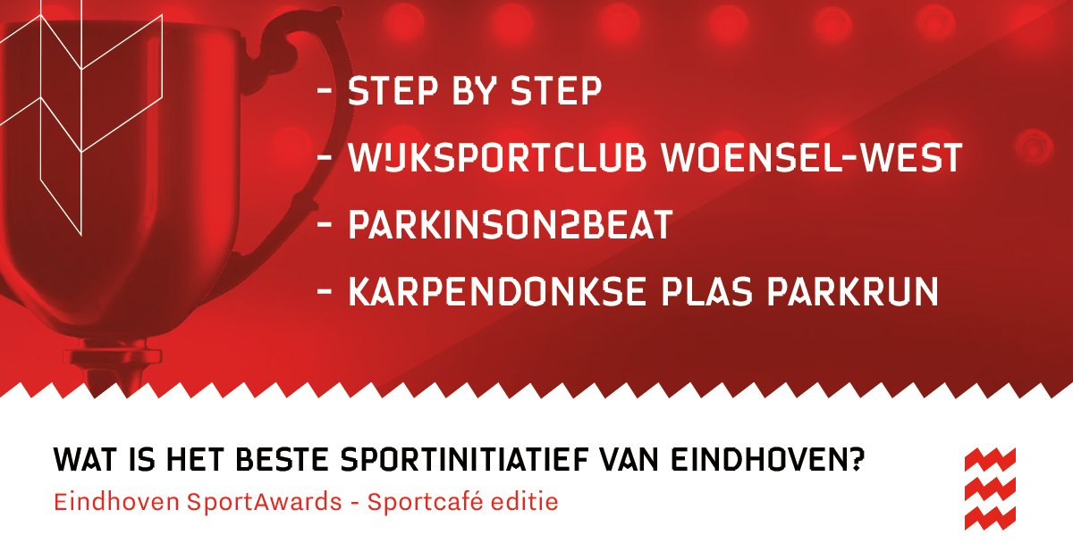 Spannend! <a href="/Parkinson2Beat/">Parkinson2Beat</a>, Wijksportclub Woensel-west, Step By step en Karpendonkse Plas <a href="/parkrunNL/">parkrun Nederland</a> maken kans op de titel Beste Sportinitiatief bij de Eindhoven SportAwards, sportcafé editie! Kijk maandag 25 januari om 19 uur live via <a href="/Studio040/">Studio040</a> en op de kanalen Eindhoven Sport.