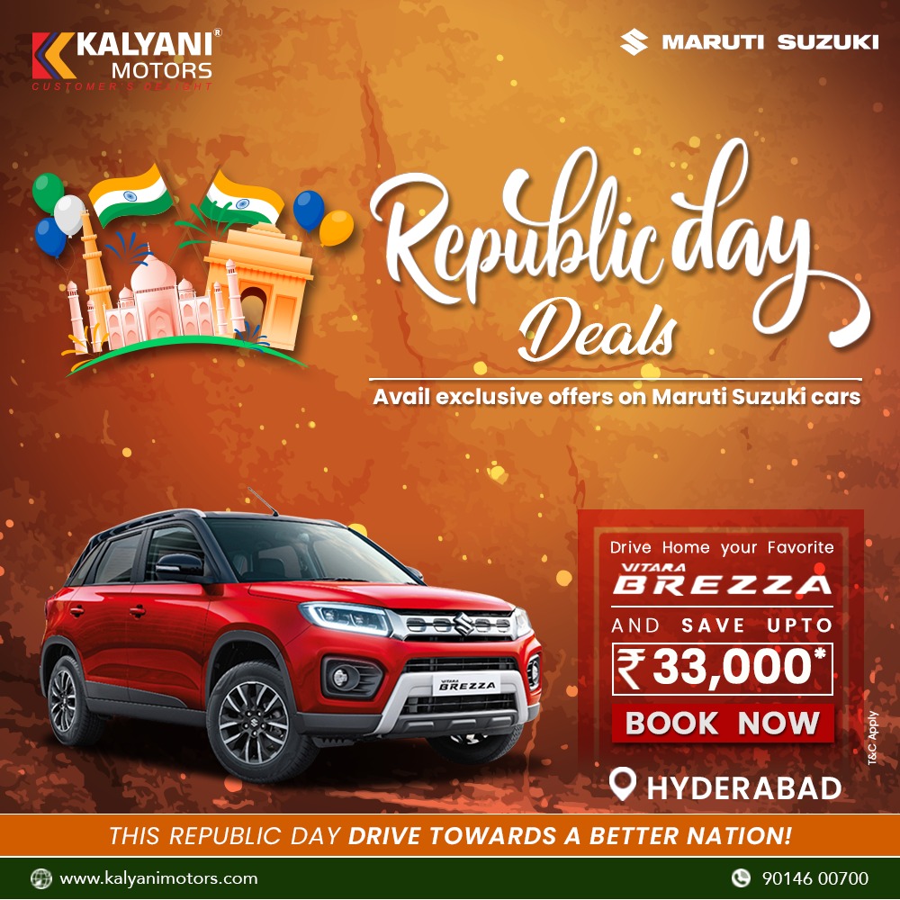 KalyaniMotors's tweet image. This 72nd Republic Day drive towards a better nation with Maruti Suzuki Arena car and avail amazing offers. Hurry!! Book you favourite car now from Kalyani Motors Hyderabad.
For more details contact Hyderabad-9014600700.
or visit kalyanimotors.com/#RepublicDaySa…  #saveupto #kalyanimotors