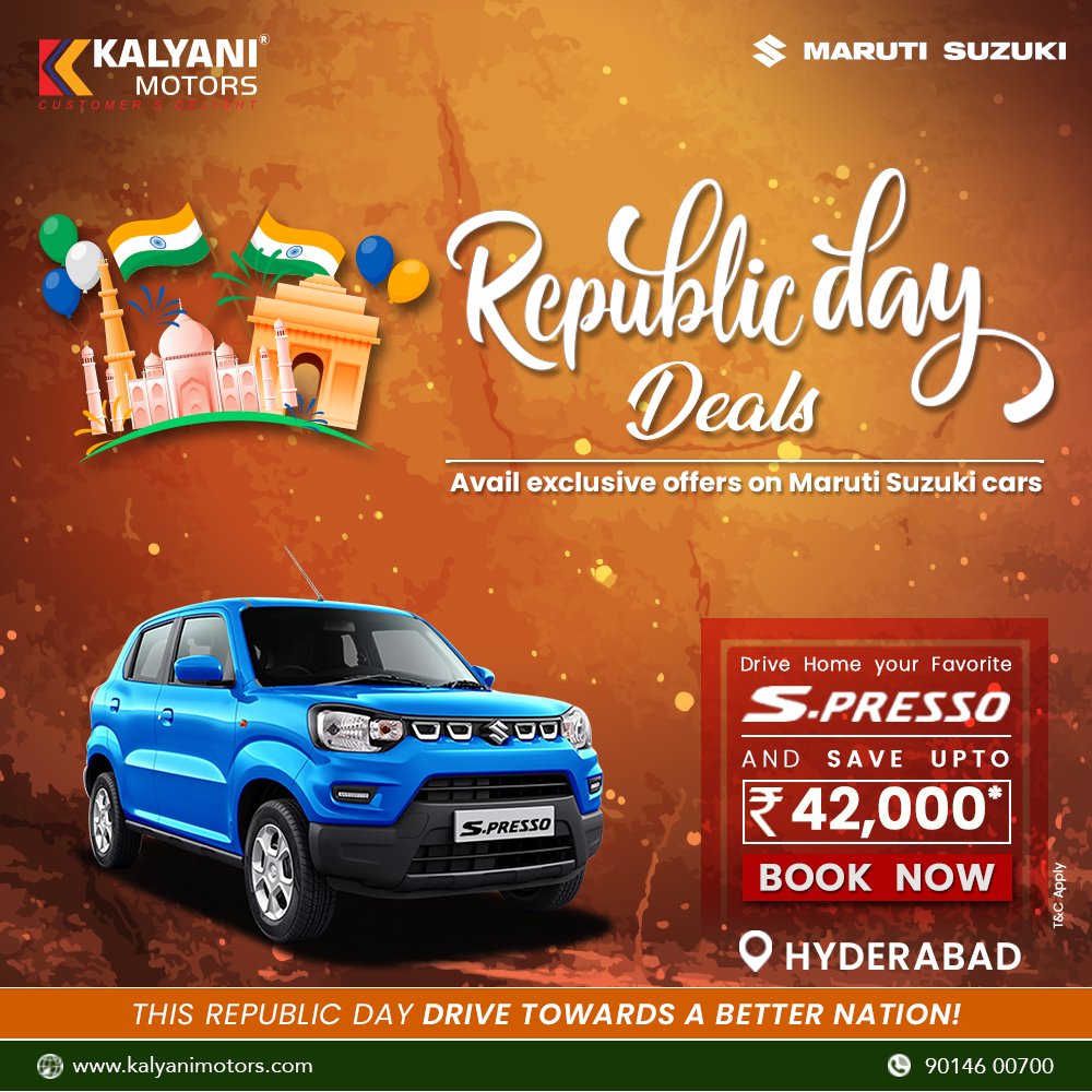 KalyaniMotors's tweet image. This 72nd Republic Day drive towards a better nation with Maruti Suzuki Arena car and avail amazing offers. Hurry!! Book you favourite car now from Kalyani Motors Hyderabad.
For more details contact Hyderabad-9014600700.
or visit kalyanimotors.com/#RepublicDaySa…  #saveupto #kalyanimotors