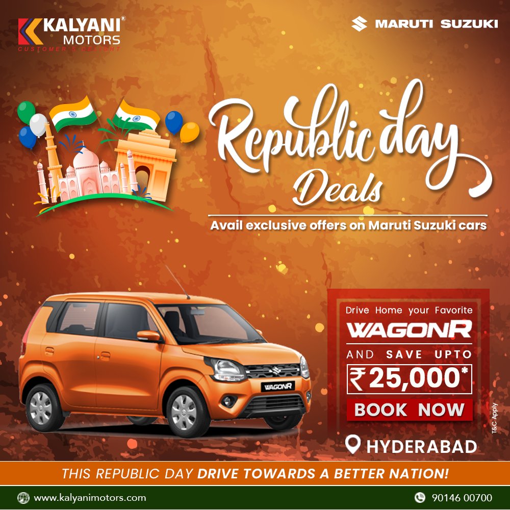 KalyaniMotors's tweet image. This 72nd Republic Day drive towards a better nation with Maruti Suzuki Arena car and avail amazing offers. Hurry!! Book you favourite car now from Kalyani Motors Hyderabad.
For more details contact Hyderabad-9014600700.
or visit kalyanimotors.com/#RepublicDaySa…  #saveupto #kalyanimotors