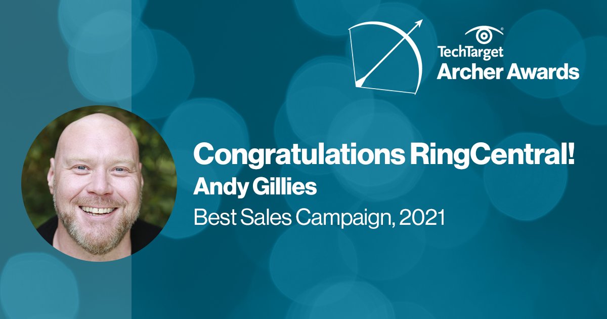 RingCentralUK's tweet photo. Congratulations to @andyGillies01 for best sales campaign win in the 2021 EMEA Archer Awards. This @TechTarget programme recognises talent in data-driven B2B marketing and sales. Well done to Andy and the wider team! https://t.co/1LPtzXQZby #datadriven #sales https://t.co/6Xjc4tq8qO