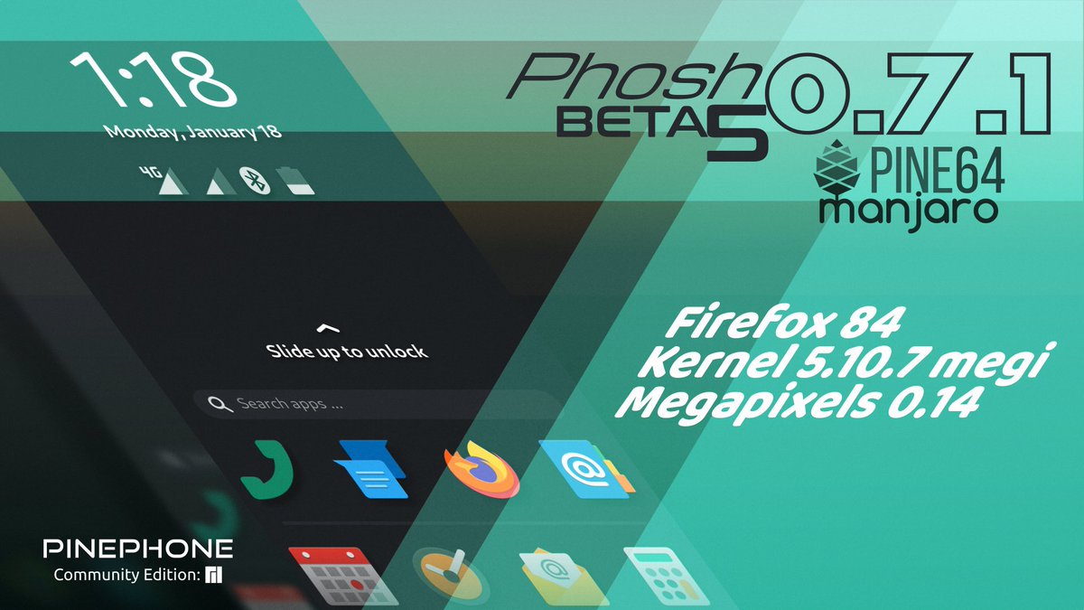 ManjaroLinux's tweet photo. One month of effort went into our current #beta release of #Phosh edition for the #pinephone. We have updated the kernel, components of phosh and reintroduced #Anbox. Get it, as soon as it becomes available: https://t.co/LyVt4euNit https://t.co/hlPfBRNTer