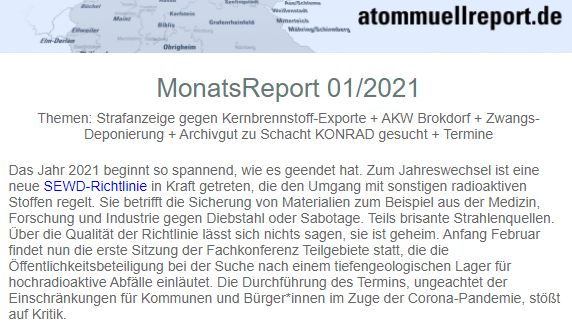 atommullreport's tweet photo. Unser #MonatsReport 01/2021 ist da. Themen: Strafanzeige gegen #Kernbrennstoff-Exporte + #AKW #Brokdorf + Zwangs-Deponierung + Archivgut zu #SchachtKONRAD gesucht + Termine. Anmeldung und alle Reports unter: https://t.co/hwBCccNaav https://t.co/a9epOO5flP