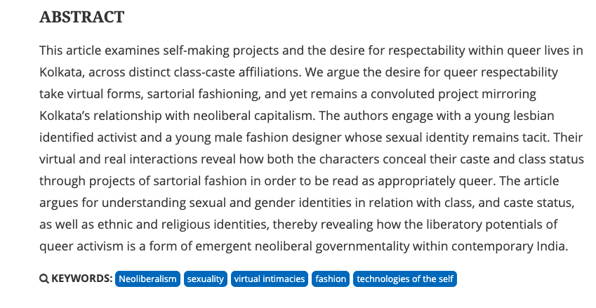 For @jsbradbury27 & Atreyee Sen's 'Calcutta Characters', @DebanujDasGupta and I write about queer self-making. My 'character', a young queer feminist activist, has the best line, ever: 
'If I want to use the term ‘gender-queer-heteronormative,’ then I have to do it in cotton'.