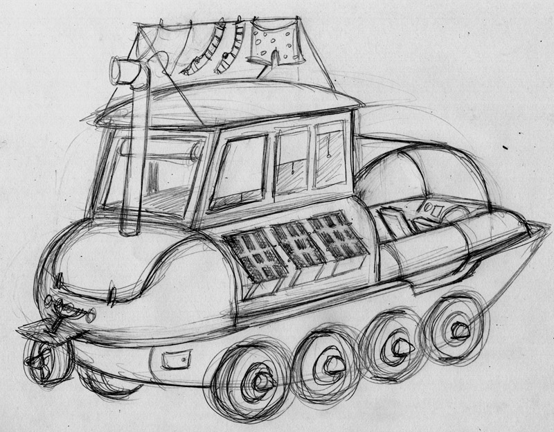 jabberworks's tweet image. Aren't the kids versions great?!! I had so much fun drawing the book's Explorermobile, trying to see if I could combine a caravan, a tank and a Harley motobike. Here are some of the early versions! #Seawigs @philipreeve1