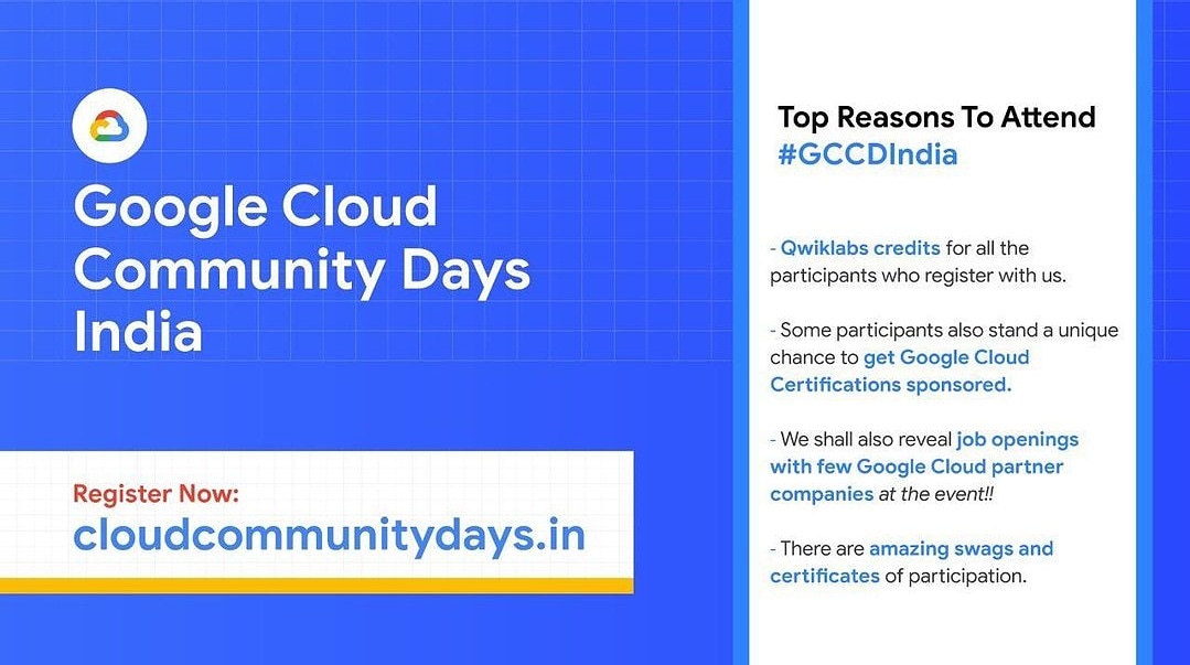 Excited about the upcoming Cloud Community Days?!
Well, so are we 🥳

The curated sessions &amp; special events 🤩 and a whole lot of fun 🤗

REGISTER NOW !!

Click on the 🔗 link below to join in..

cloudcommunitydays.in

#GCCDIndia ☁️
#GoogleCloud 
#gdgcloud