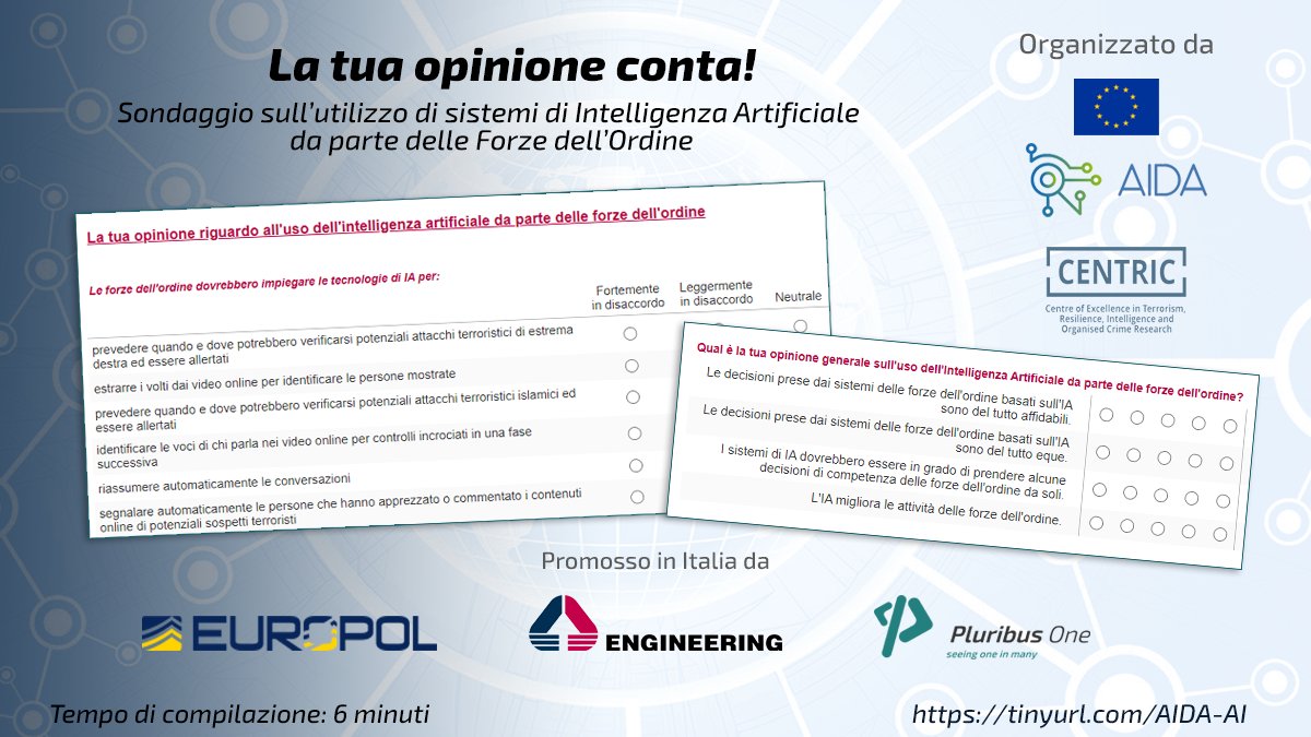 Se le Forze dell'Ordine usassero tecnologie di #AI e #ML per combattere il #crimine saresti favorevole o contrario? Partecipa in forma anonima al #sondaggio del progetto <a href="/EU_H2020/">Horizon 2020</a> <a href="/_AIDAProject_/">AIDA project</a> coordinato da <a href="/EngineeringSpa/">ENGINEERING GROUP</a>. tinyurl.com/AIDA-AI
#DigitalDefense #cybersecurity