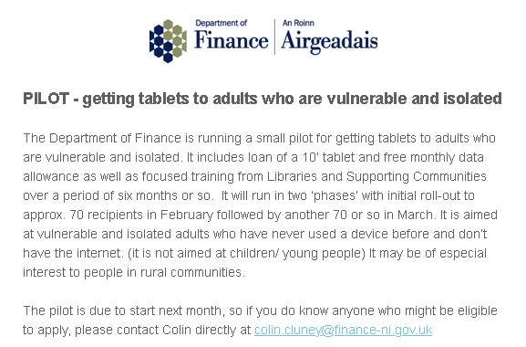 CarersNI's tweet photo. Pilot scheme for adults who are vulnerable giving them access to a tablet to reduce isolation👍 For info contact colin.cluney@finance-ni.gov.uk https://t.co/yjZLkRYfi4
