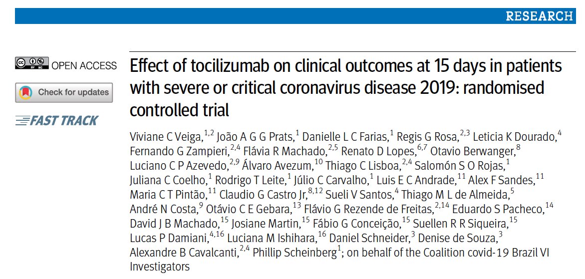 1/ Our study is out on the  @bmj_latest TOCILIZUMAB added to the standard of care did not improve clinical outcomes in hospitalized pts with severe Covid19Let me walk you through the results
