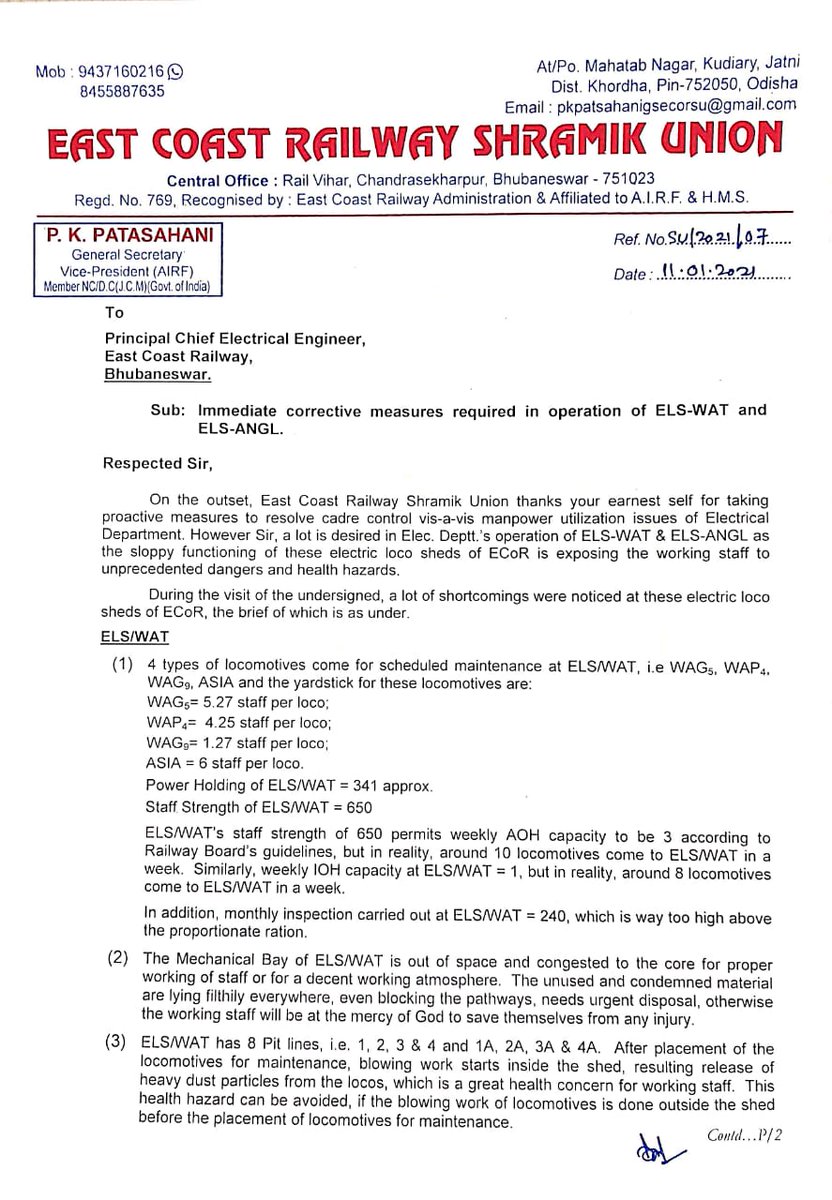 ECORSU_OFFICIAL's tweet photo. GS letter Ref https://t.co/6Vd5m9LzL7 dtd.11.01.2021
Letter written to PCEE/ EastCoast Railway   by our beloved General Secretary Shri PK Patsahani ji regarding immediate corrective measures required in operation of ELS/WAT and ELS/ANGL.

#ECoRSUZindabad
#ComPKPatsahaniJiZindabad https://t.co/1DJjXVjZaf