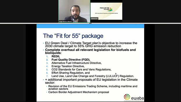 EwabaEU's tweet photo. Our Secretary General Angel Alberdi discussing at the #FuelsoftheFuture conference about #REDII and the #Fitfor55 package. "The rise in #renewable #transport sub-targets should be at least equivalent to the overall REDII target to bring decarbonization to EU's transport sector." https://t.co/pNzZj6F43W