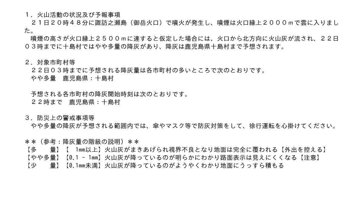 地震 津波 火山情報 على تويتر 諏訪之瀬島 降灰予報 詳細 22日03時までに十島村ではやや多量の降灰があり 降灰は鹿児島県十島村まで予想されます