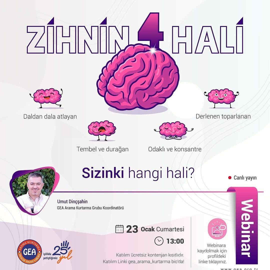 GEA__SAR's tweet photo. Webinar : ZİHNİN 4 HALİ

23 Ocak Cumartesi | Saat: 13.00

Webinara kaydolmak için linke tıklamanız yeterli olacaktır.
https://t.co/TorN30ofzI

#GEA #webinar #online #etkinlik #ücretsiz #seminer #COVID19 #cumartesi #psikoloji https://t.co/PTCE8mGF35