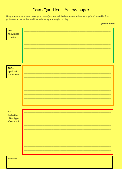 misskenworthyPE's tweet photo. A resource made for a 9-mark AQA GCSE PE question on Types of Training. Differentiated for those of high ability, medium ability, followed by the lower ability. Helping my students understand AO1/2/3 has improved greatly since differentiating questions! #peresource #aqagcsepe https://t.co/NByi8YnrNK