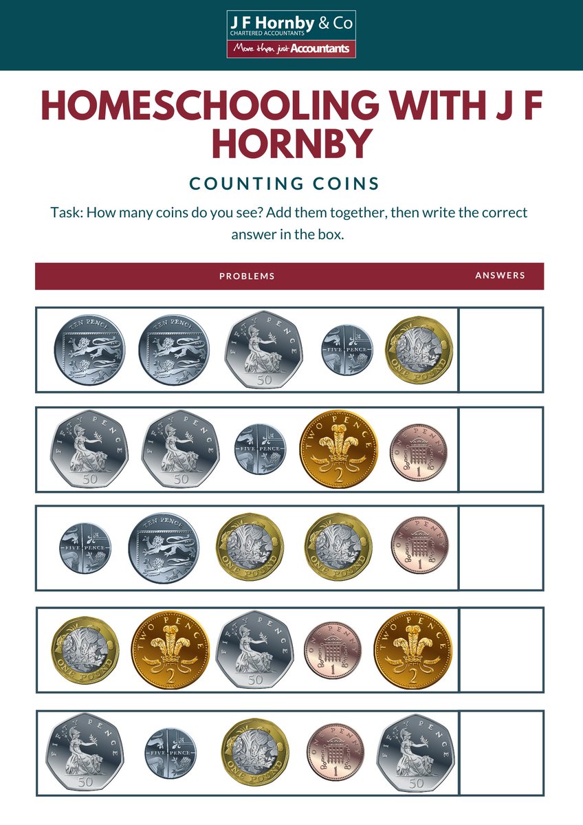 ✏️ | HOMESCHOOLING WORKSHEETS

We have created our very own Homeschooling with J F Hornby worksheets for parents who are teaching their children at home.   

This week's worksheet is on counting coins!