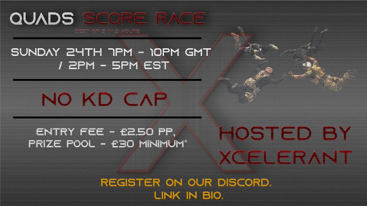 XcelerantOrg's tweet photo. We have 3 tournaments this weekend!
(Friday Quads | Saturday SnD mixed | Sunday Quads)
#SearchandDestroy
#ColdWar
#Warzone #quads #quadsscorerace #gamingcommunity #tournament #Xcelerant @FatalRTs @XcelerantOrg @Treyarch @Activision @RavenSoftware https://t.co/OybYk4REit