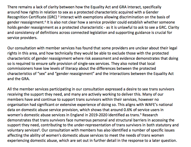 The response from  @womensaid is significant. Their members want trans survivors to get support they need but not by undermining their ability to serve women with female staff & female only servicesThey highlight lack of clarity https://committees.parliament.uk/writtenevidence/18618/pdf/