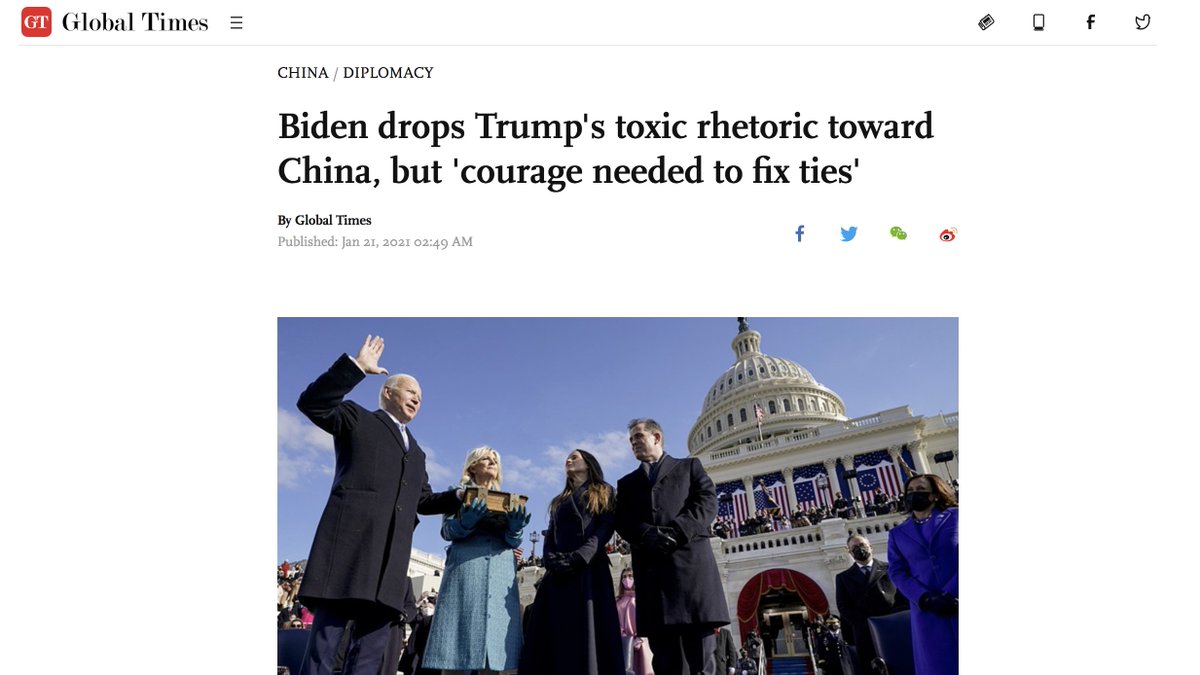 China's Global Times says no "clear signals" were offered on whether the new US administration would repair relations, which "reached a historical low point under Trump. "