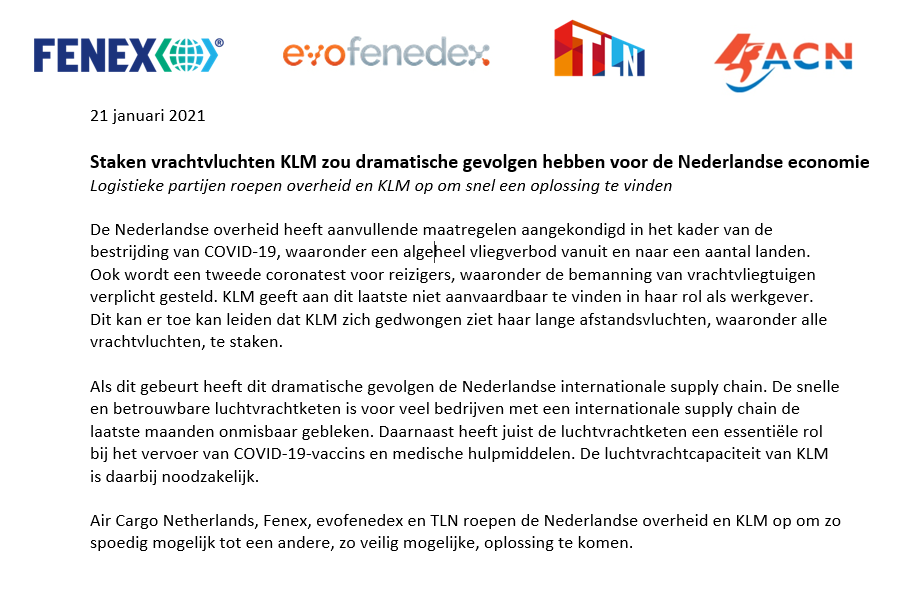 Oproep aan <a href="/KLM/">KLM</a> en kabinet van <a href="/evofenedex/">evofenedex</a>, <a href="/TLNnieuws/">Transport en Logistiek Nederland</a> <a href="/info_acn/">AirCargoNetherlands</a> om te komen tot een werkbare oplossing voor bemanning KLM vrachtvluchten. Staken KLM vrachtvluchten schadelijk voor economisch herstel ondernemers en verzending medische goederen, zoals Covid19 vaccin.
