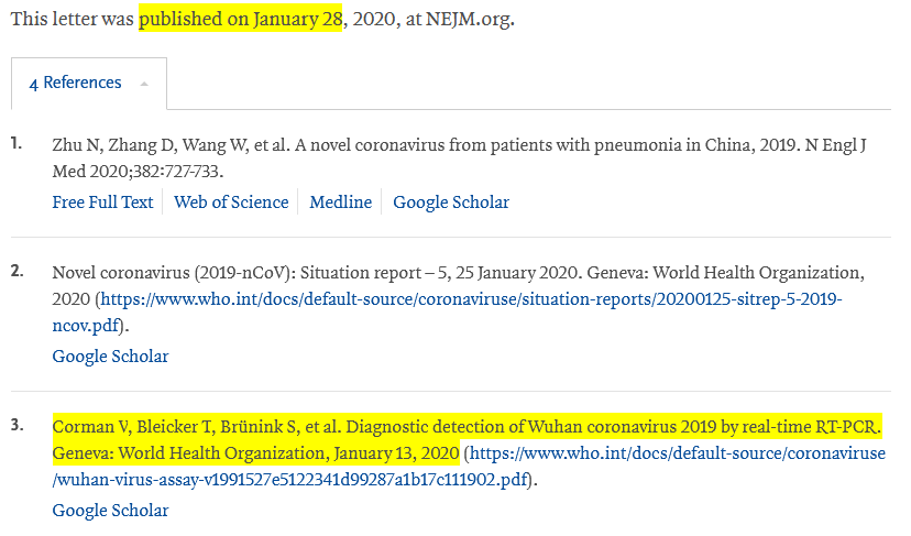 10/ On 9 Jan 2020 Drosten’s  #overconfidence reached a new high by complaining that the correspondence to  @NEJM did not cite his freshly published paper. Instead, the authors chose to refer to his protocol-design pre-release on  @WHO.int (13th Jan 2020).  https://twitter.com/c_drosten/status/1222388004968333320