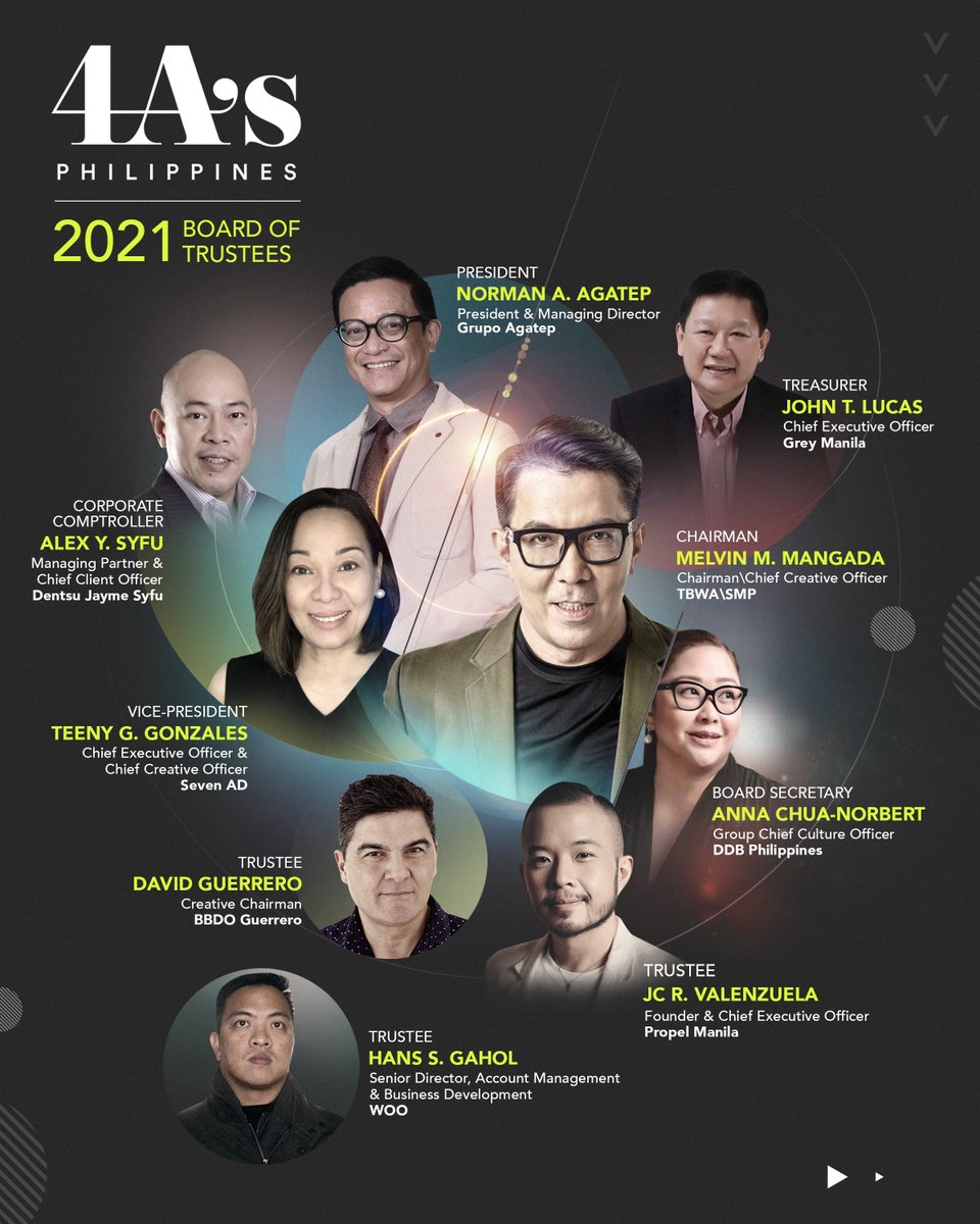 We are pleased to announce the newly-elected officers and board of trustees of the 4As for the year 2021! <a href="/melvinmangada/">MMM</a> <a href="/normanagatep/">Norman Agatep</a> <a href="/yneet/">teeny gonzales</a> <a href="/johnlucas62/">John Lucas</a> @alex_syfu <a href="/guerrerowrites/">David Guerrero</a> <a href="/jc_valenzuela/">JC Valenzuela</a> @talk2dHans