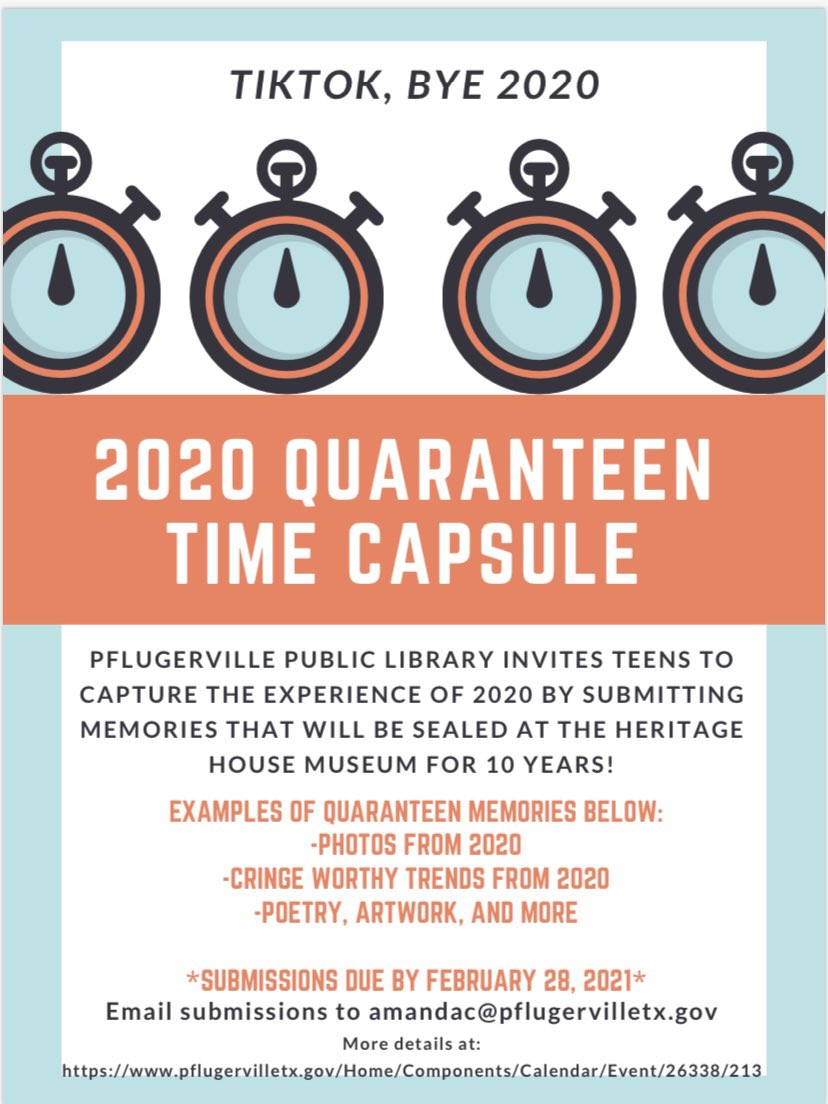 Hey Hawks! <a href="/PflugervilleLib/">Pflugerville Library</a> is making a 2020 time capsule! Send in your entry of your most memorable thing from 2020 to be opened in 2030! See flyer for details #hawkyeah <a href="/HawkNationHHS/">HawkNation Principal</a>