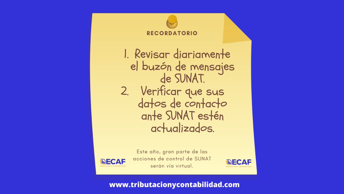 ECAFTributarios's tweet photo. #Recordatorio Es vital estar atento a las comunicaciones de @SUNATOficial para evitar sorpresas por no cumplir con requerimientos y plazos.
#IMPORTANTE #SUNAT #Impuestos #BuzónSOL https://t.co/GGnKbMLQ8c