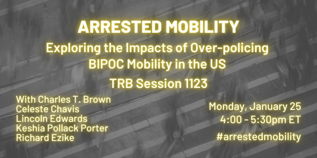 #trbam #arrestedmobility 1/25 features researchers discussing inequities that BIPOC people experience in transpo systems + offering new approaches for mobility, health, + more for all w/ @ctbrown1911 @DrCelesteChavis  @DR_KMP  @DrRCEzike + Lincoln Edwards bit.ly/3oOntED