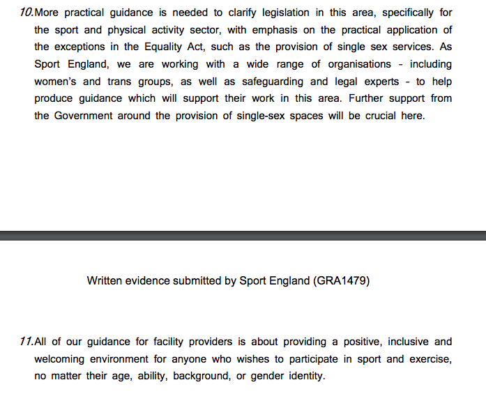 Sport England say more guidance is needed. (but they also seem to have forgotten sex in their commitment to equality, at paragraph 11. Sex Matters!)  https://committees.parliament.uk/writtenevidence/17541/pdf/