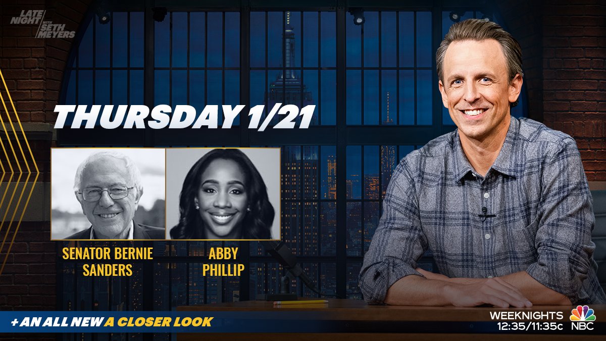 LateNightSeth's tweet photo. Tonight, @SethMeyers welcomes @SenSanders and @abbydphillip! Plus, an all new #ACloserLook. https://t.co/ElWaI8IMVU