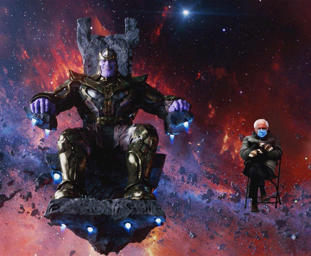GeoffRedknap's tweet photo. Thanos and Bernie.  #berniesanders #berniemittens #berniememes #bernie #thanos #avengers #endgame #marvel #nomaskonthanos https://t.co/TLiUbUkmDg