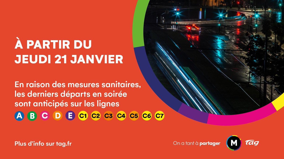 🚈 Changement d’horaire pour @tagetmoi 
Les derniers départs en soirée des lignes trams sont fixés à 22H dès aujourd’hui 🕙
Retrouvez toutes les informations 👉 tag.fr/covid
#grenoble #tram #NRJ