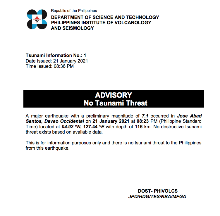 PhilippineStar's tweet photo. NO TSUNAMI THREAT 

Phivolcs announced on Thursday evening that no tsunami warning was issued following the magnitude 7.1 earthquake in Davao Occidental. 

"There is no tsunami threat to the Philippines from this earthquake," Phivolcs said. #Lindol #EarthquakePH https://t.co/G531LAnZCb