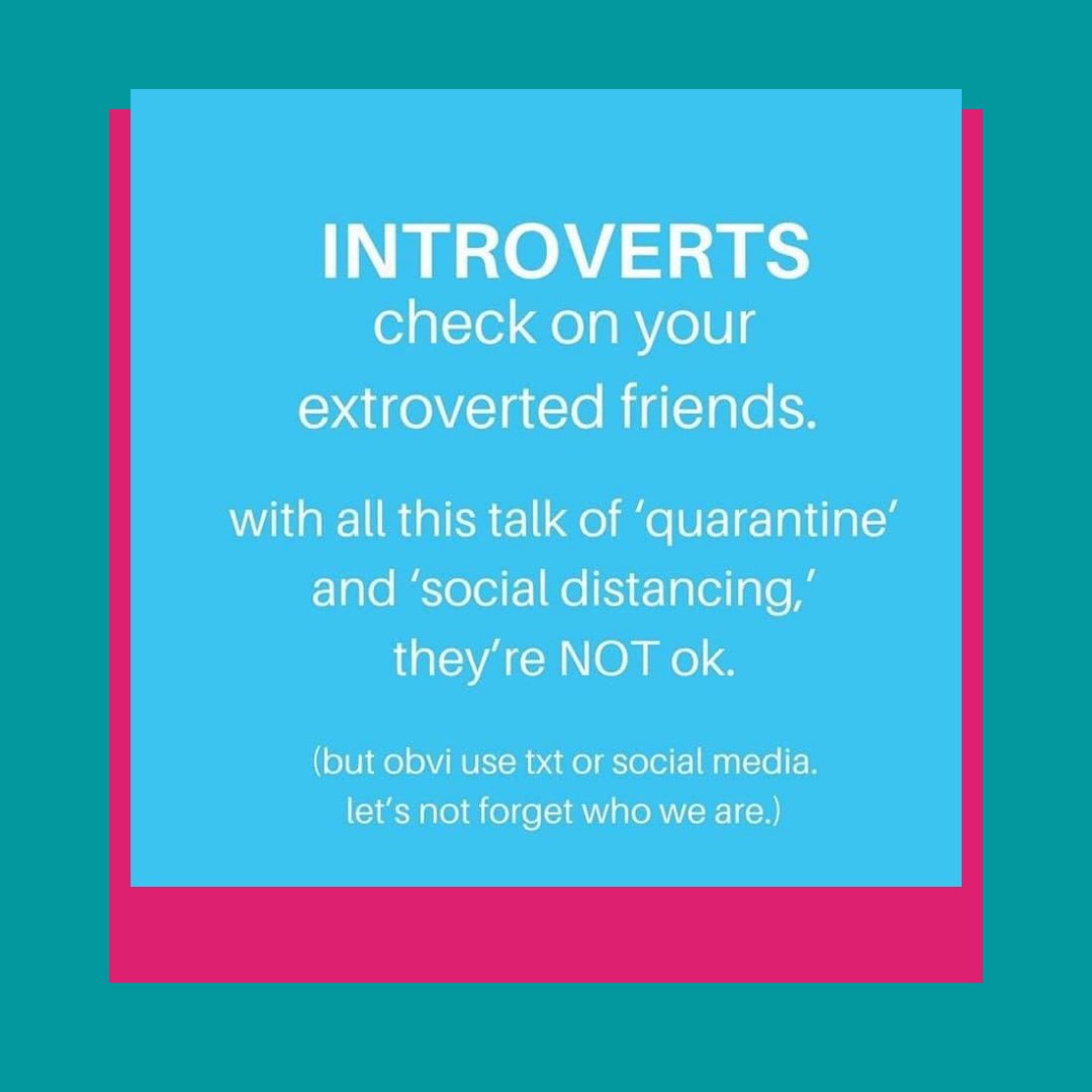 All this lockdown means that introverts are thriving ✔️ Introversion is sometimes seen as being a negative trait, which as an introvert, definately isn't! Give your most sociable, extroverted friends a check in; they may be really struggling 🆘