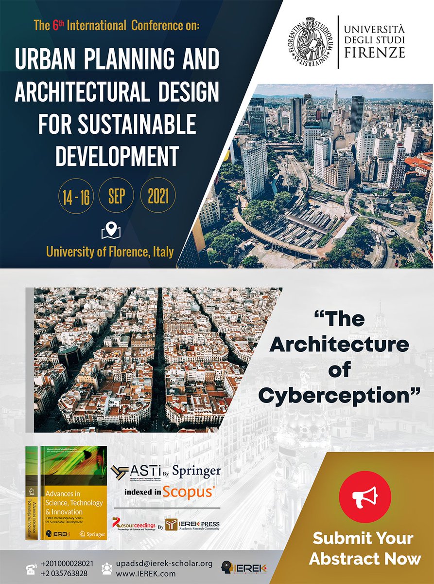 IEREK_UPADSD_'s tweet photo. “The Architecture of Cyberception” will be included in the 6th international conference on #UPADSD which aims to discuss the latest researches and ideas.
For more details about the conference topics, check https://t.co/PT2WjC0ORK
#IEREK #Architecture #Urban_planning #Cyberception https://t.co/xJD2UCjw9k