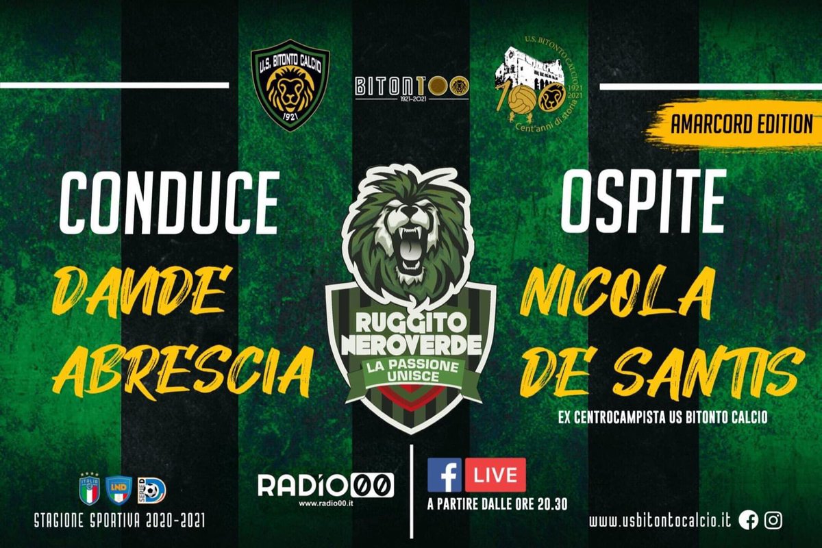 RadioDoppiozero's tweet photo. Puntata speciale, questa sera, col “Ruggito Neroverde”, l’approfondimento dedicato interamente al Bitonto Calcio, a partire dalle ore 20,30.

Un tuffo nel passato senza dimenticare la più stretta attualità.

🦁🖤💚⚽️ https://t.co/ROwRON2Xrd