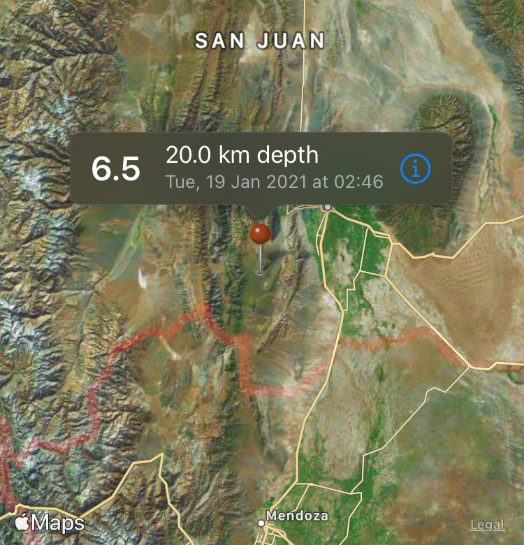 MaxEndah's tweet photo. #Earthquake: 6.5 - #Argentina, 29 km WSW of Pocitoon Tue, 19/01/2021, 02:46 GMT. (via #QuakeWatch) https://t.co/YYSB697cdh #CERN #NWO #XYZ https://t.co/N4ioaAuz3V
