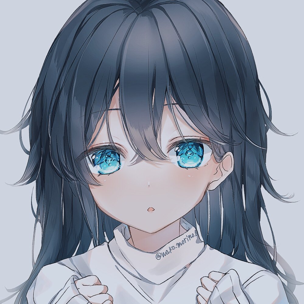 1girl solo long hair blue eyes black hair looking at viewer grey background  illustration images