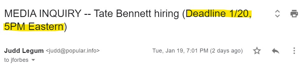 3. I reached out to  @ForbesJeffrey, the co-founder of the firm, and asked why the firm was keeping Bennett's hiring quiet. I gave him a deadline of 5PM on 1/20 to respond.Forbes never respondedBut on January 20 at 4:04 PM an article on Bennett's hiring appeared in Politico